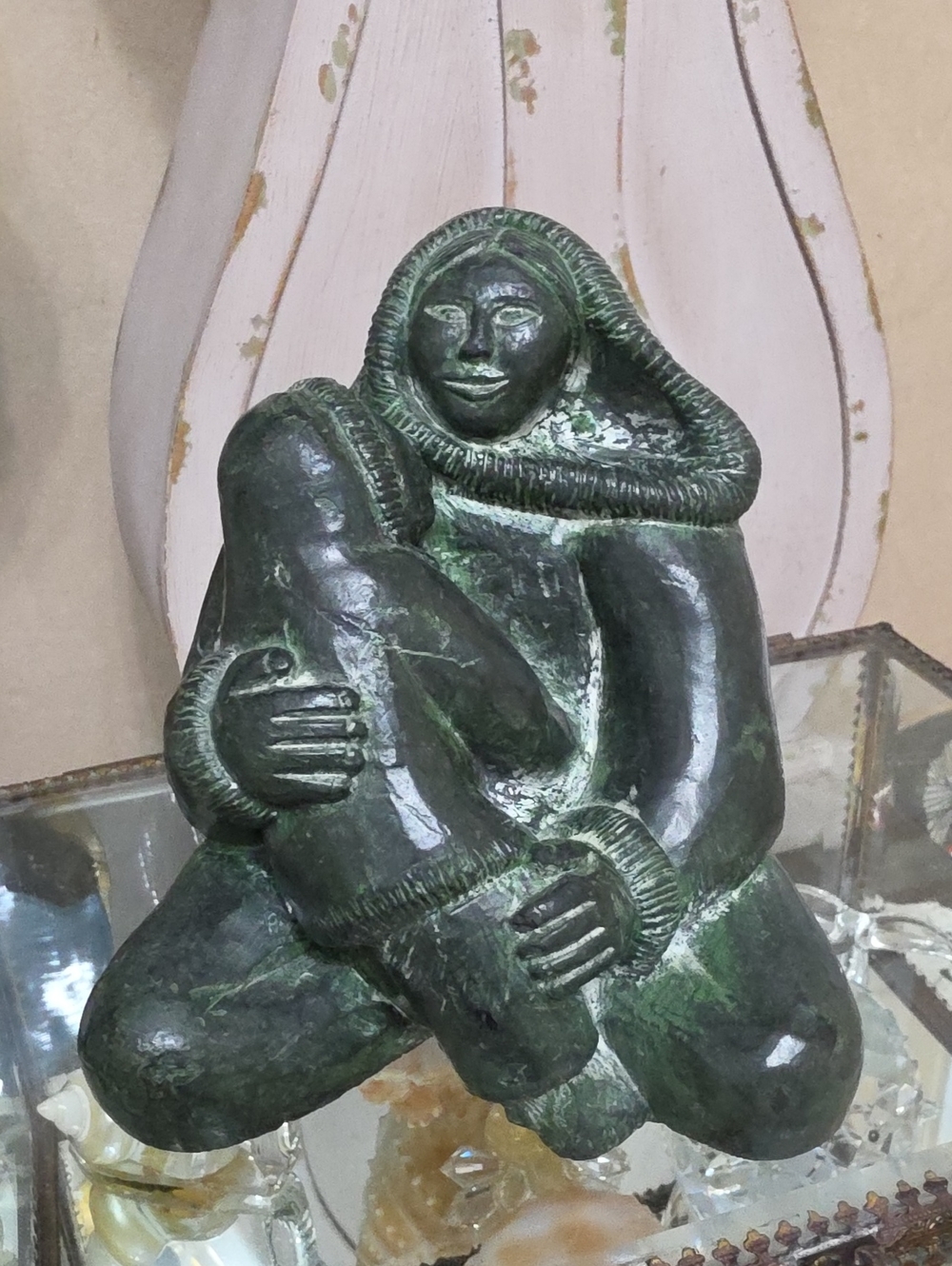 Wolf Original statue Inuit mother child green soapstone carving Canada Eskimo 70